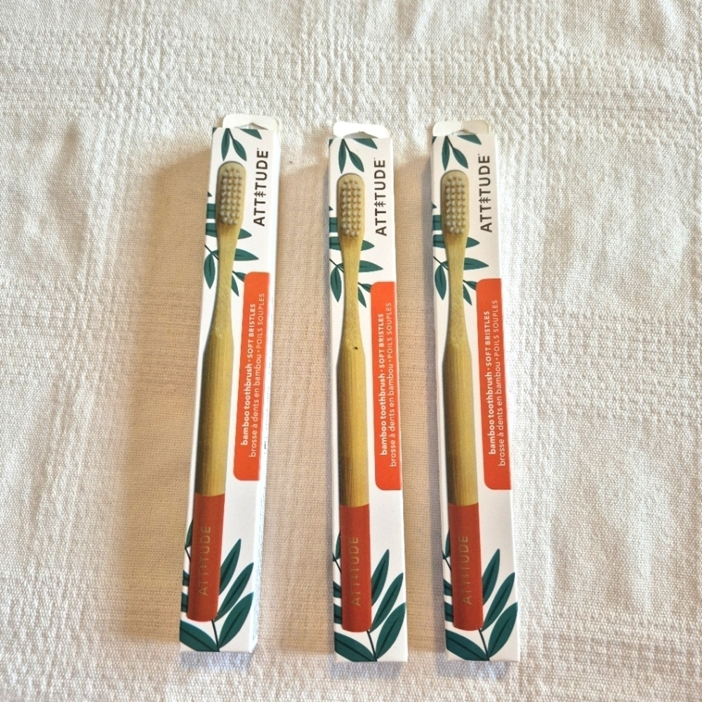 Attitude Adult bamboo toothbrush plastic free handle - Vegan X 3 New